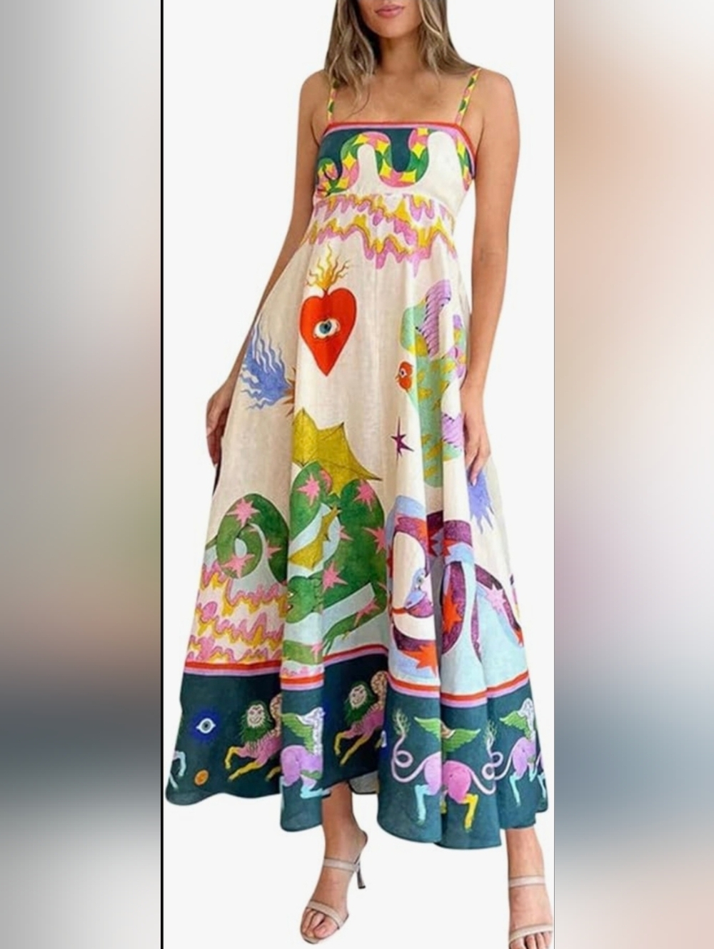 Women Colorful Graffiti Cami Long Dress Spaghetti Strap Flowy Maxi Dress Boho